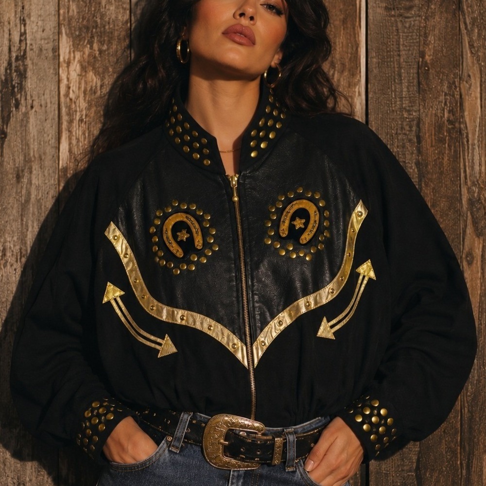 VTG J Harris 80s Studded Leather Western Jacket Glam Cowboycore Rodeo Queen M